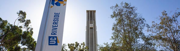 UC Riverside banner with bell tower in the background