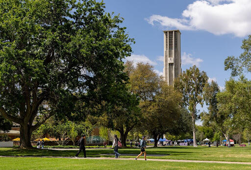 The UC Riverside Bell Tower stands tall against a blue sky, surrounded by green trees and students using campus walkways.